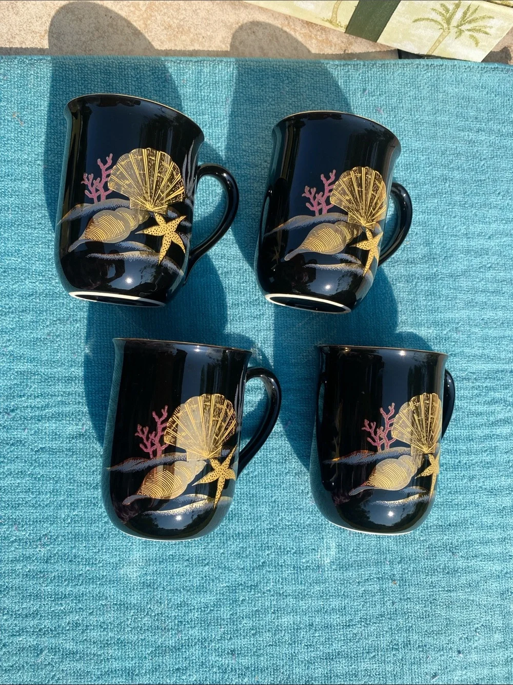 VTG Otagiri Japan Black 22K Gold Seashell Coral Starfish Ceramic Mugs - Set of 4